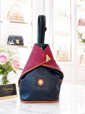 Alfred Sung Navy Burgundy Leather Sling Shoulder Bag Colorblock Vintage
